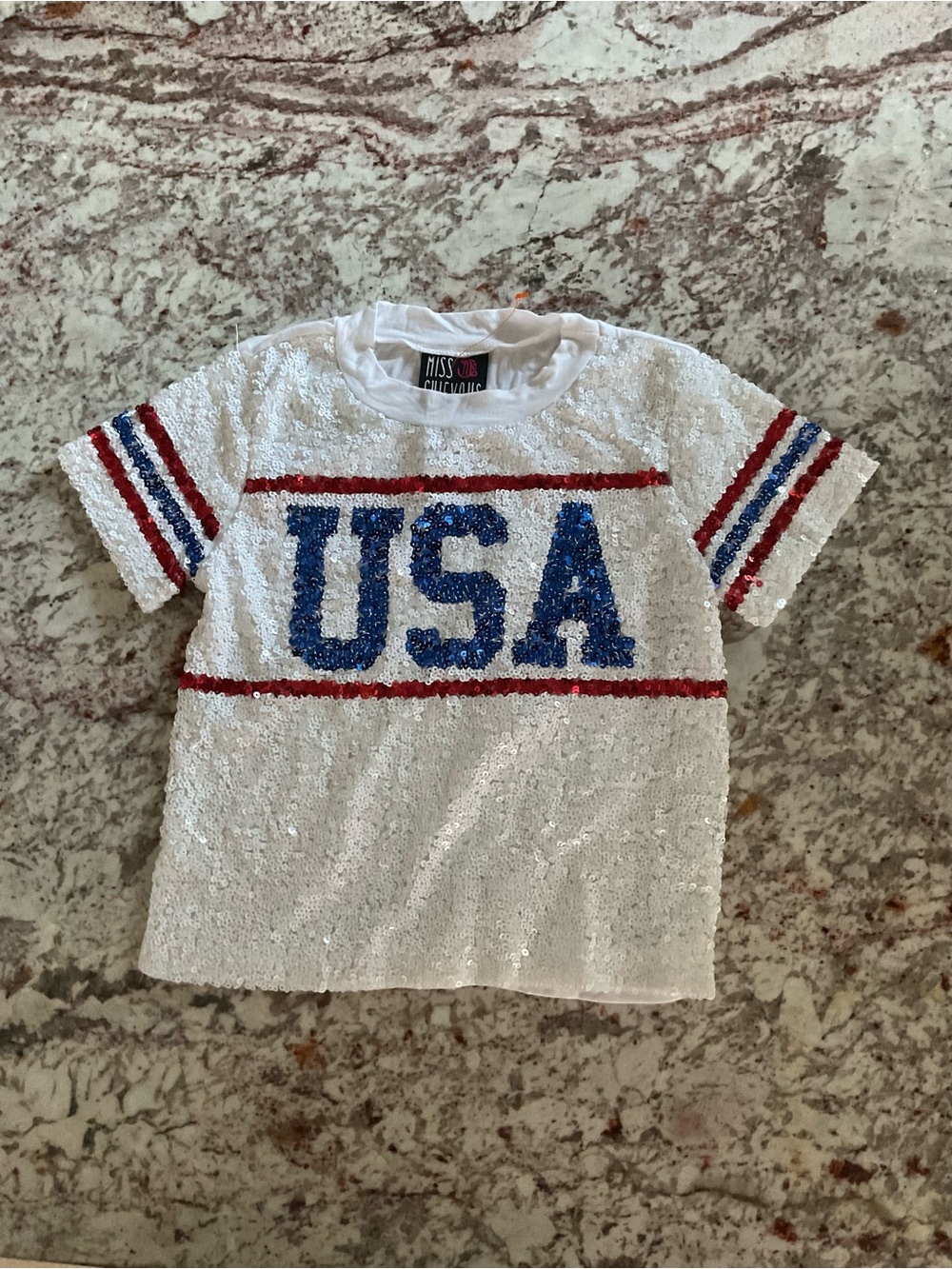 Miss Chievous White Sequin Tee with Blue 'USA' and Red Accents